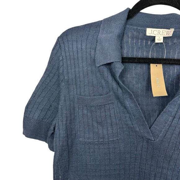 J CREW Women’s Short-sleeve Polo Shirt Navy Linen Johnny Collar Sz Small NWT - Picture 7 of 9